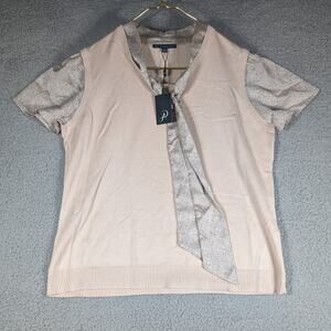 Adrianna Papell Blouse Womens Size Medium Tan Satin Tie Neck Short Sleeve NWT